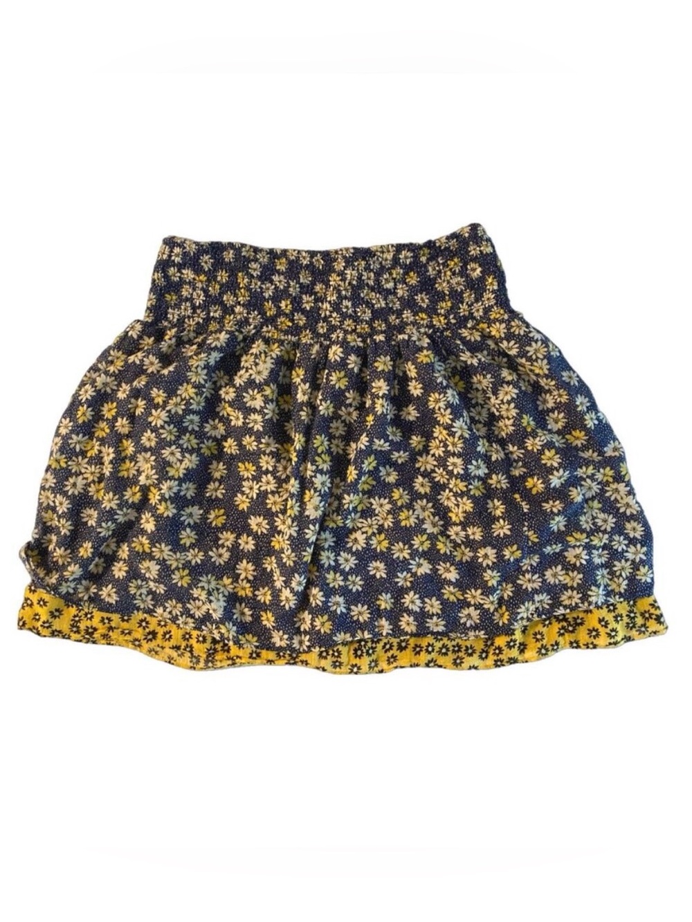 J Jill Smocked Skirt Size M Blue Yellow Ditsy Print Boho Layered 100% Cotton